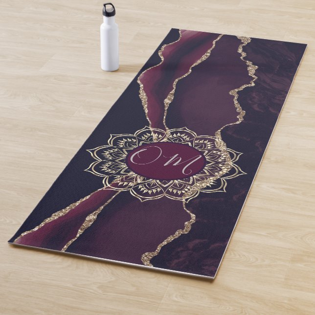 Elegant OM Mandala on Purple Marble Gold Agate Yoga Mat (In Situ)