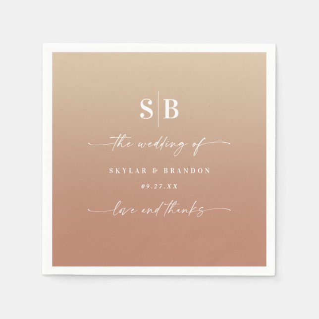 Elegant Ombre Clay & Gold Monogrammed Wedding Napkin (Front)