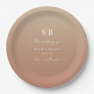 Elegant Ombre Clay & Gold Monogrammed Wedding Paper Plate