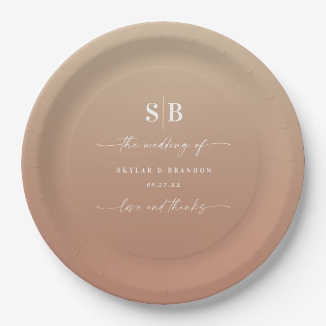 Elegant Ombre Clay & Gold Monogrammed Wedding Paper Plate (Front)
