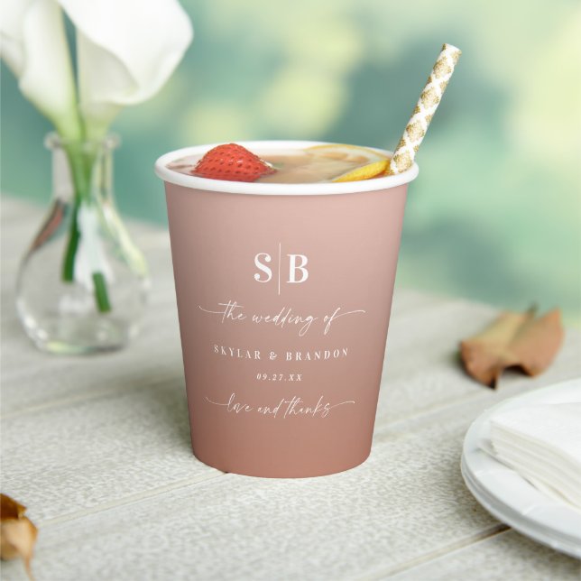 Elegant Ombre Clay & Pink Monogrammed Wedding Paper Cups (Insitu)