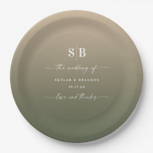 Elegant Ombre Green & Gold Monogrammed Wedding Paper Plate