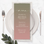 Elegant Ombre Lily Green & Dusty Rose Pink Wedding Menu<br><div class="desc">Elegant Ombre Lily Green & Dusty Rose Pink Wedding Reception Dinner Menus. This modern chic Menu Card is simple classic and elegant with a subtle ombre gradient fade and a pretty signature script calligraphy font with tails. Shown in the new Colorway. Available in several color options, or feel free to...</div>