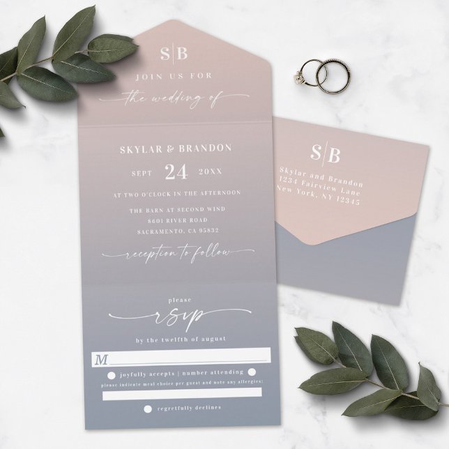 Elegant Ombre Monogram Pink & Dusty Blue Wedding All In One Invitation (Creator Uploaded)