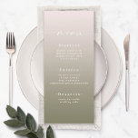 Elegant Ombre Powder Pink & Lily Green Wedding Menu<br><div class="desc">Elegant Ombre Powder Pink & Lily Green Wedding Reception Dinner Menus. This modern chic Menu Card is simple classic and elegant with a subtle ombre gradient fade and a pretty signature script calligraphy font with tails. Shown in the new Colorway. Available in several color options, or feel free to edit...</div>