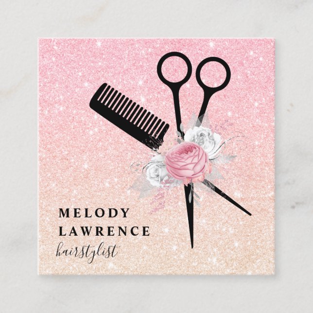 Elegant ombre rose gold scissors comb hairstylist square business card (Front)
