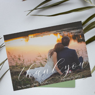 Elegant One Photo Modern Script Wedding Thank You Card