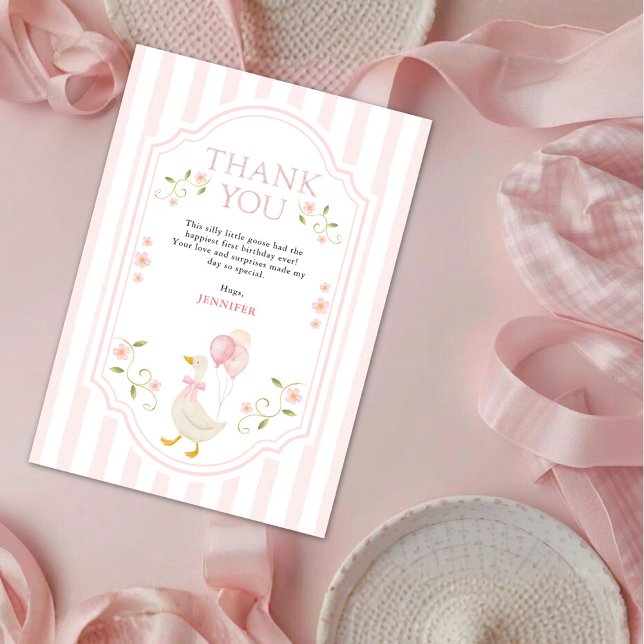 Elegant One Silly Goose Pink Girls 1st Birthday  Thank You Card (Creator Uploaded)