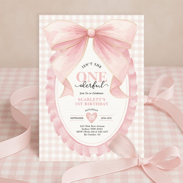 Elegant ONEderful Pink Bow Girl 1st Birthday Invitation (Creator Uploaded)