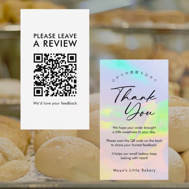 Elegant Opal Rainbow Script Leave a Review QR Code Business Card (Creator Uploaded)