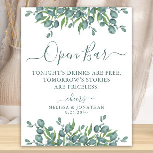 Elegant Open Bar Eucalyptus Personalised Wedding Poster