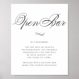 Elegant Open Bar Humour Black Calligraphy Chic Poster