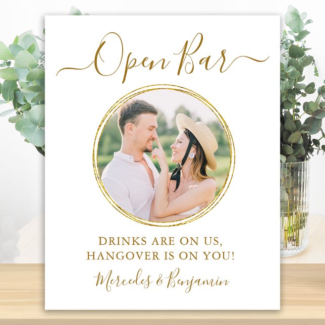 Elegant Open Bar Personalised Gold Photo Wedding Poster (Creator Uploaded)
