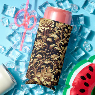 Elegant Opulence: Black and Gold Floral Seltzer Can Cooler