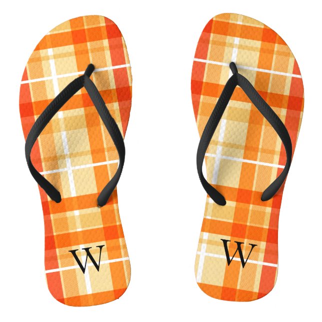 Elegant orang yellow Tartan Plaid Monogram Jandals (Footbed)
