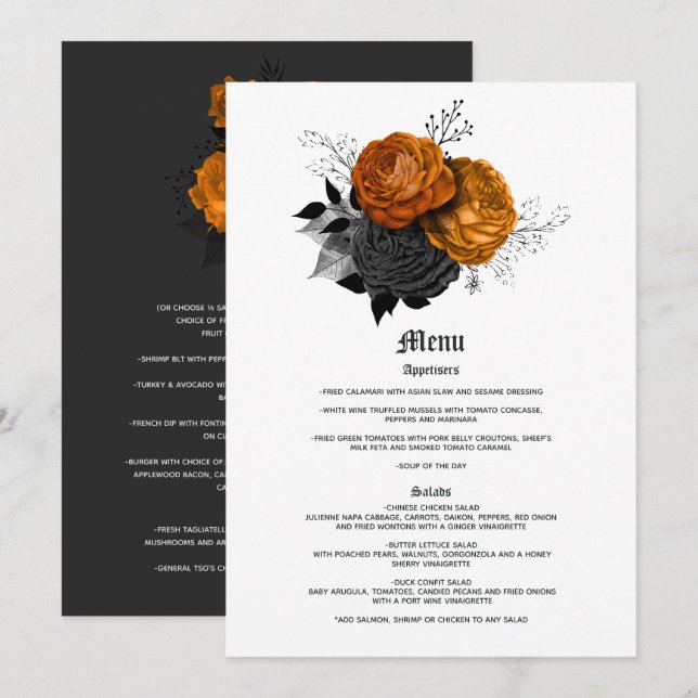 Elegant Orange and Black Gothic Wedding Menu (Front/Back)