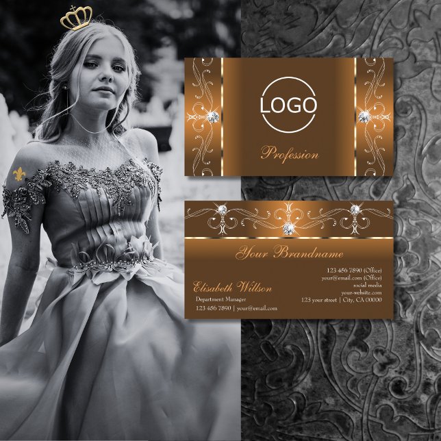 Elegant Orange and Brown Squiggled Jewels add Logo Business Card (Creator Uploaded)