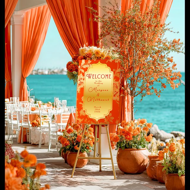 Elegant Orange and Gold Mandarin Wedding Welcome Poster (Elegant Floral Orange and Gold Glossy Wedding Welcome Poster )