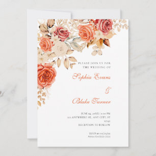Elegant Orange and White Roses White Wedding Invitation
