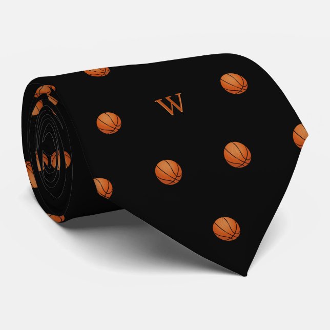 Elegant Orange Basketball Monogram Initial Black  Tie (Rolled)
