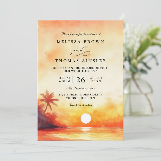 Elegant Orange Beach Sunset QR Code Wedding Invitation (Standing Front)