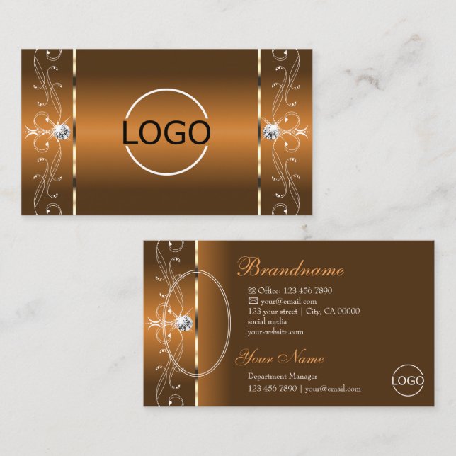 Elegant Orange Brown Squiggled Jewels Logo & Photo Business Card (Front/Back)