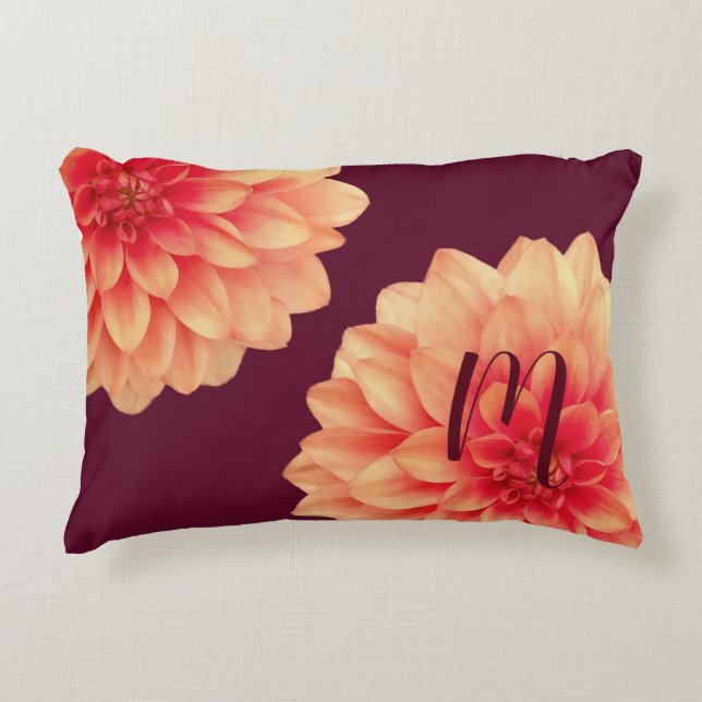 Elegant Orange Dahlias Flowers Burgundy Monogram Decorative Cushion (Front)