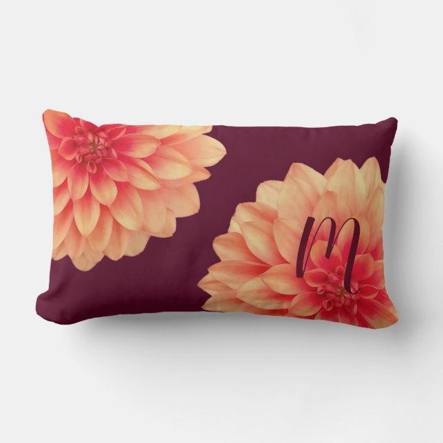 Elegant Orange Dahlias Flowers Burgundy Monogram Lumbar Cushion (Front)