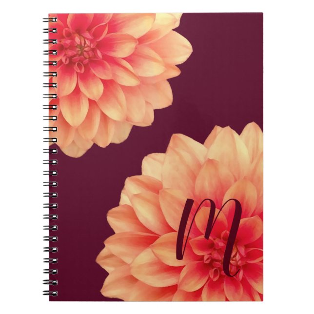 Elegant Orange Dahlias Flowers Burgundy Monogram   Notebook (Front)