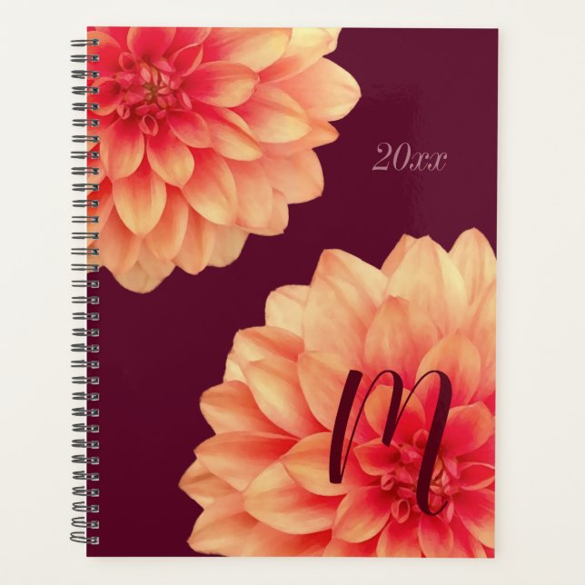 Elegant Orange Dahlias Flowers Burgundy Monogram  Planner (Front)