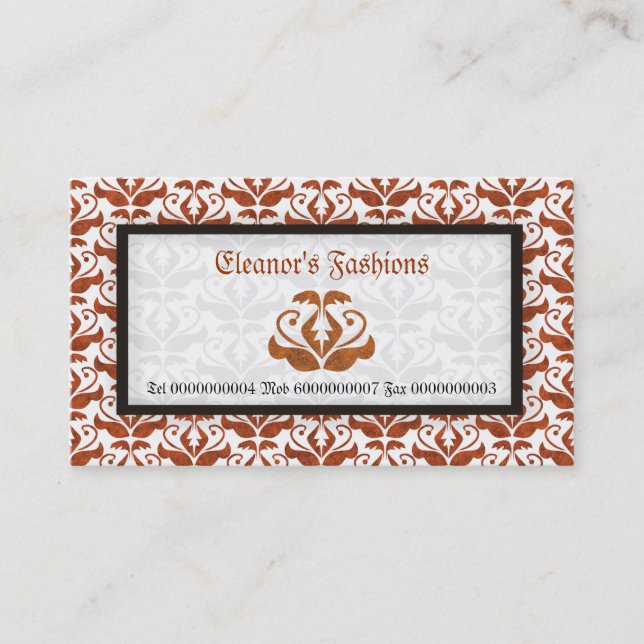 Elegant orange damask fashion business cards (Front)