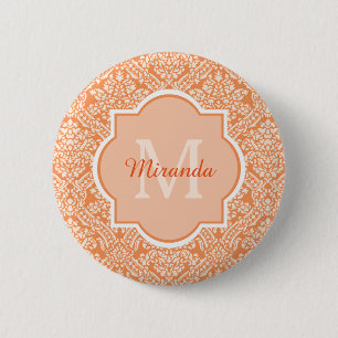 Elegant Orange Damask Pattern Monogram and Name 6 Cm Round Badge