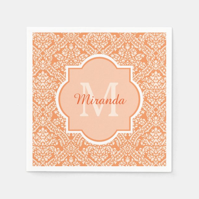 Elegant Orange Damask Pattern Monogram and Name Napkin (Front)