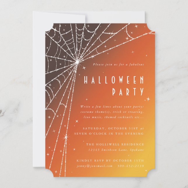 Elegant Orange Diamond Spider Web Halloween Party Invitation (Front)