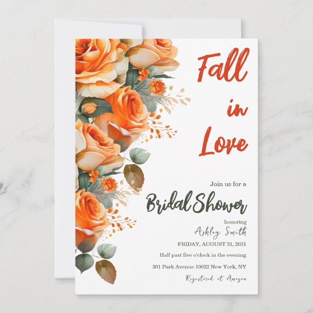 Elegant Orange Fall in Love Floral Bridal Shower Invitation (Front)