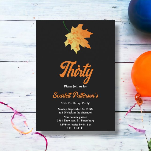 Elegant Orange Fall Leaves Black 30th Birthday Invitation (Creator Uploaded)