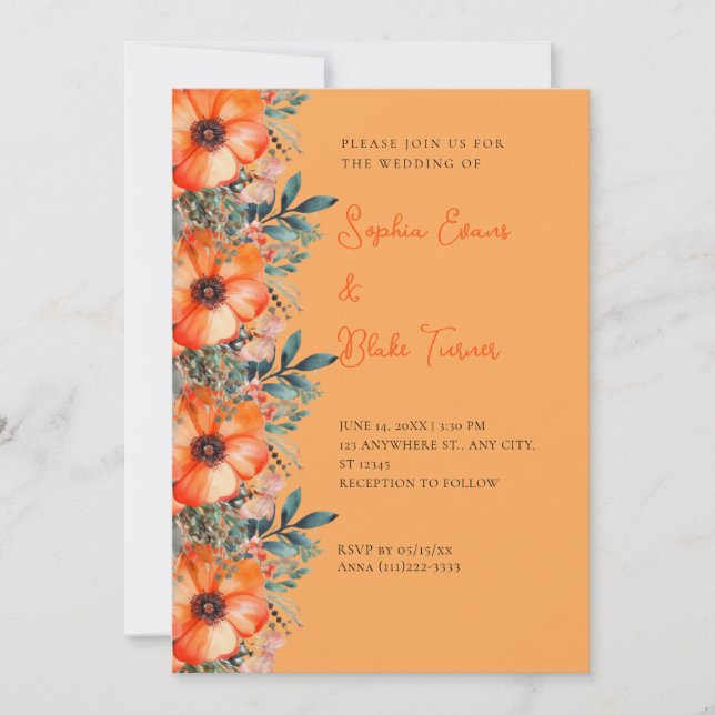 Elegant Orange Floral and Greenery Orange Wedding Invitation (Front)