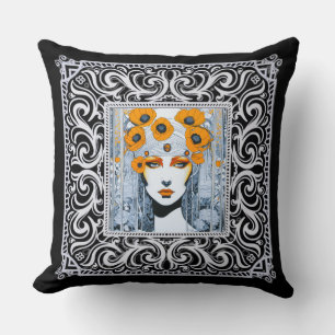Elegant Orange Floral Art Deco Of A Beautiful Lady Cushion
