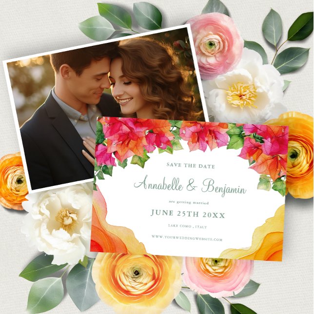 Elegant Orange Floral Bougainville Photo Wedding Save The Date (Creator Uploaded)