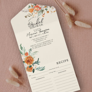 Elegant Orange Floral Bridal Shower & Recipe  All In One Invitation