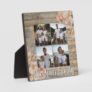 Elegant orange floral distressed wood four photo plaque