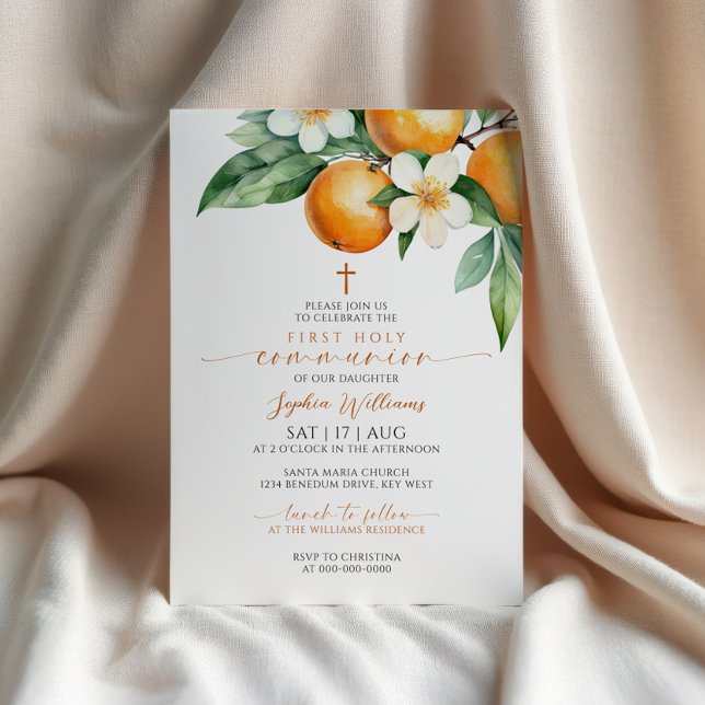 Elegant Orange Floral First Holy Communion Invitation (Creator Uploaded)