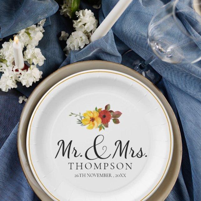 Elegant Orange Floral Mr Mrs Wedding Party Paper Plate (Elegant Orange Floral Mr Mrs Wedding Party Paper Plates)