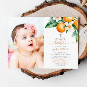 Elegant Orange Floral Photo Baptism Invitation