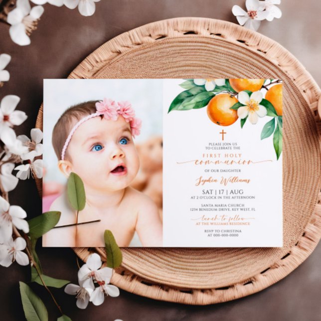 Elegant Orange Floral Photo First Holy Communion Invitation (Creator Uploaded)