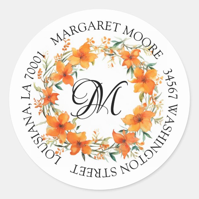 Elegant Orange Floral Script Monogram Address Classic Round Sticker (Front)