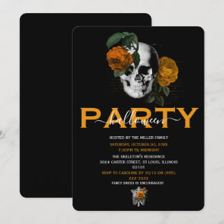 Elegant Orange Floral Skull Adult Halloween Party Invitation