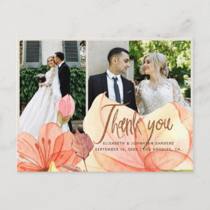 Elegant orange floral wedding photo thank you postcard