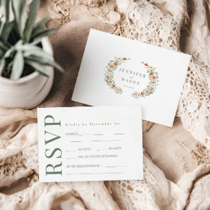 Elegant Orange Floral Wreath Wedding RSVP cards