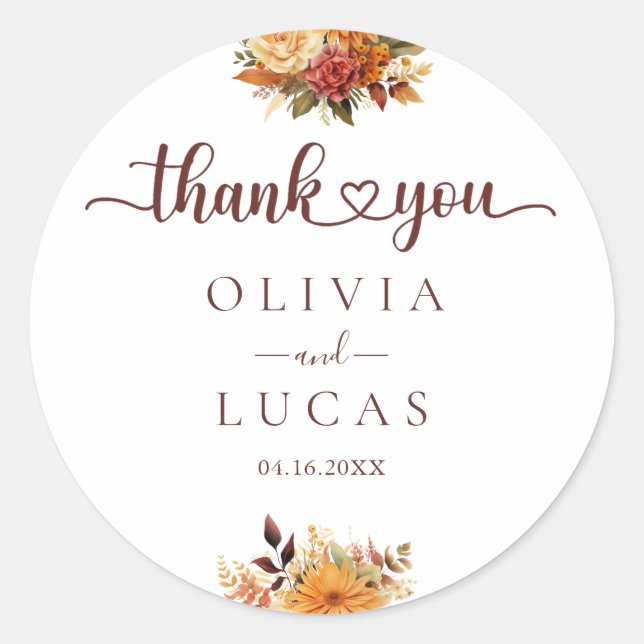 Elegant Orange Flower Frame Wedding Classic Round Sticker (Front)